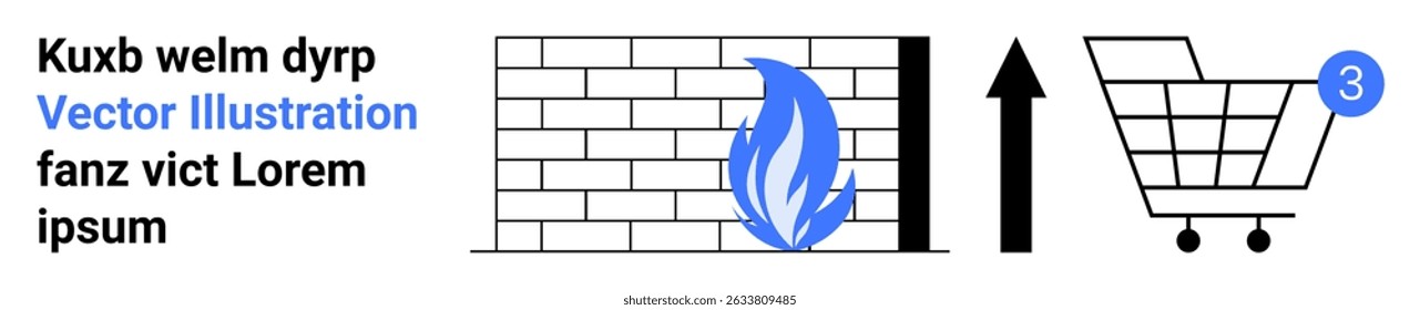 Brick wall with blue flame, large upward arrow, and a shopping cart with a blue notification circle reading 3. Ideal for online shopping, e-commerce, security, notification, sales, progress