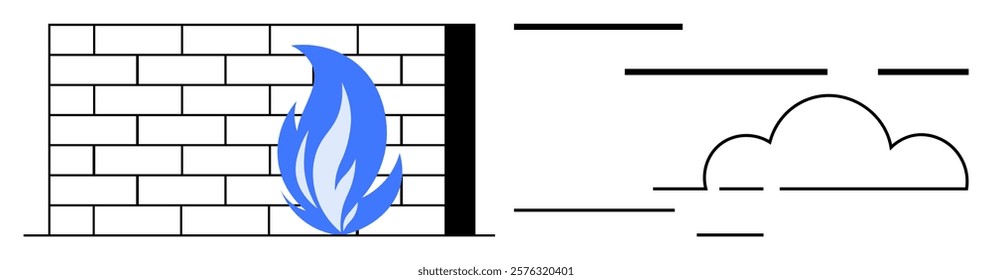 Brick wall with blue flame symbol alongside cloud and horizontal lines. Clear visual representation for firewall blocking unauthorized access. Ideal for technology, cybersecurity, cloud computing