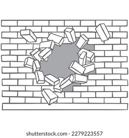 Brick wall break through grey vector illustration