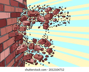 The brick wall breaks through. Destruction of buildings, ruins and demolition