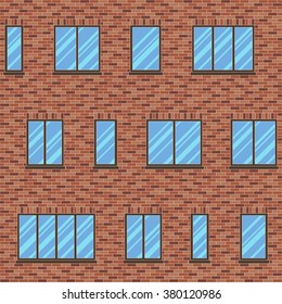 Brick wall building facade with various sizes of windows vector seamless pattern. Architectural background with uneven distribution of glazing and classic brick masonry, ceramic tile, composite panels