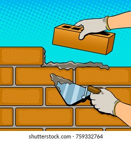Brick wall building process pop art retro vector illustration. Comic book style imitation.
