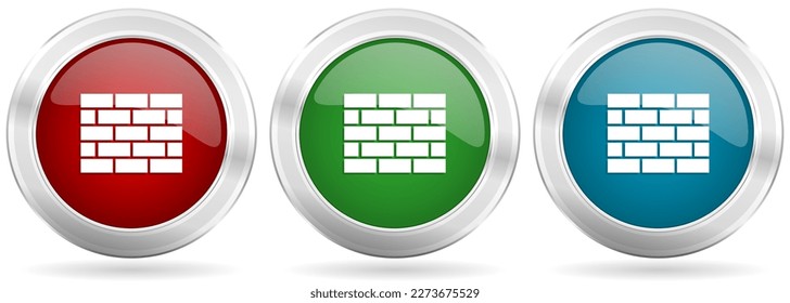Brick wall, building vector icon set. Red, blue and green silver metallic web buttons with chrome border