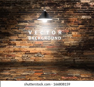 Brick Wall And Ceiling Lamp, Grunge Retro Vintage Interior, Vector Background