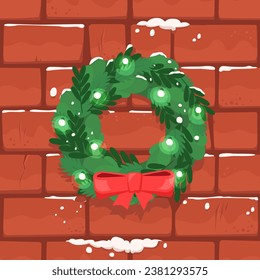 Brick Wall with Christmas Wreath, Snow Covered Building Texture. Cartoon Orange Bricks, Vector Design for Game, Print, Textile and more