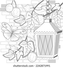 Brick wall with climbing ivy, lantern and butterfly for coloring book page. Vector illustration.