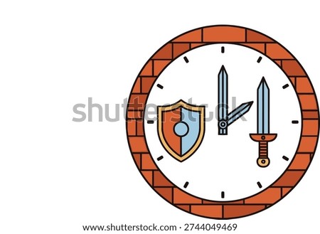 Brick wall clock with shield and swords, symbolizing time-tested defense, historical protection, and enduring security.