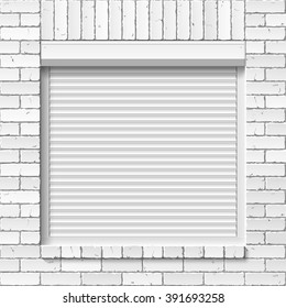 Brick wall with close window, roller shutters. Vector illustration.