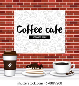 brick wall , coffee cup , cake , beans on wood desk vector illustration