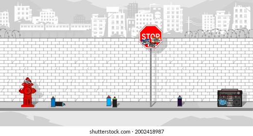 Brick Wall Coloring Page With Some Colorful Elements And Background Of The Cityscape Vector Illustration 