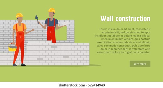 Brick wall construction. Two men in helmet and red robe building white brick wall. One holding bucket with cement, another with special tool and brick in hand. Flat design. Vector illustration