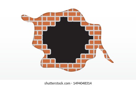 brick wall and cracked black holes for copy space background, cracked brick on concrete wall white backdrop, exploding circle hole shape on cement aged brick texture, old crack hole in freedom concept