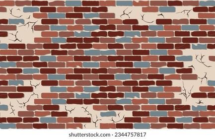 Die Ziegelwand riss farbige Oberfläche, Vektorhintergrund. gebrochenes Ziegelwandmuster auf cremefarbenem Hintergrund