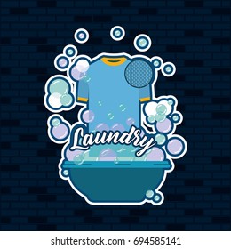 brick wall dark blue background of t-shirt male cloth in basin with soap laundry text vector illustration