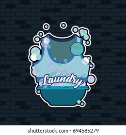 brick wall dark blue background of top female cloth in basin with soap laundry text vector illustration