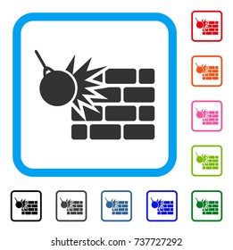 Brick Wall Destruction icon. Flat grey pictogram symbol inside a light blue rounded squared frame. Black, gray, green, blue, red, orange color variants of Brick Wall Destruction vector.