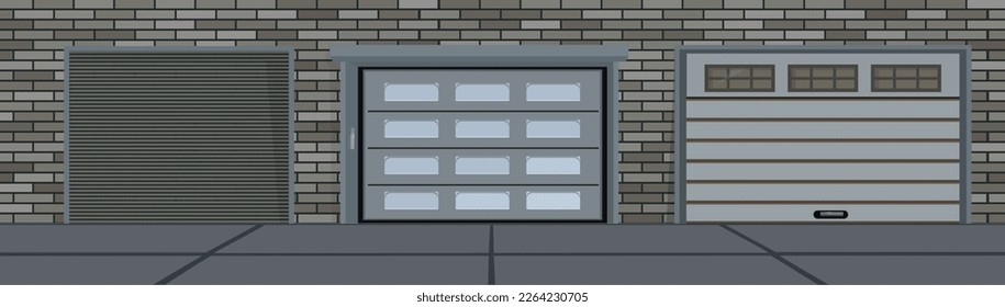 Brick wall with different construction of garage doors sectional with roller shutters mechanical and automatic realistic composition vector illustration