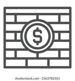 Brick wall with dollar coin line icon, world sanctions concept. Vector graphics. Brickwork, money firewall sign on white background, outline style icon for mobile or web design