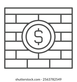 Brick wall with dollar coin thin line icon, world sanctions concept. Vector graphics. Brickwork, money firewall sign on white background, outline style icon for mobile or web design