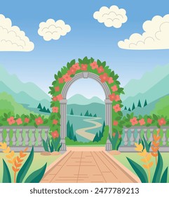 Brick wall with door arch with flowers. Spring park illustration with flowering tree. Vector illustration in cartoon flat style.