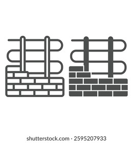 Brick wall with electrical wiring line and solid icon, electrician service concept. Vector graphics. Electricity safety, repair sign on white background, outline style icon for mobile or web design
