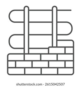 Brick wall with electrical wiring thin line icon, electrician service concept. Vector graphics. Electricity safety, repair sign on white background, outline style icon for mobile or web design