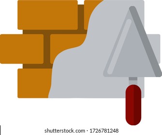Brick wall. Element of building construction. Simple logo. Repair material. Cartoon flat illustration isolated on white background. Cement, putty and spatula.