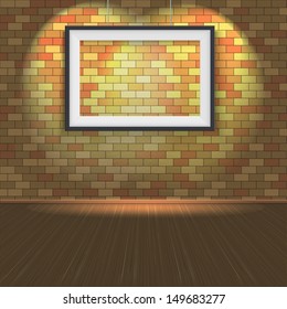 Brick wall with a empty frame and lighting, wood floors, vector illustration