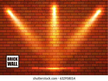 Brick Wall, Empty Place and Spotlights. Scene Illumination. Vector illustration