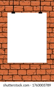 Brick wall with empty poster, template for promotion, old rectangle bricks for poster house facade decoration.  Rough vector exterior, interior of room, tool shop, DIY store, garden center or graffiti