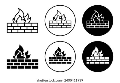 Brick wall and fire icon. winter Christmas eve wood burn to warm home mark. brick wall with fire or computer virus firewall security system symbol. hot indoor brick wall fire flame vector logo