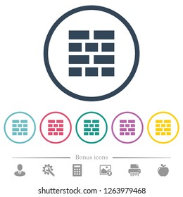 Brick wall flat color icons in round outlines. 6 bonus icons included.