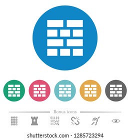 Brick wall flat white icons on round color backgrounds. 6 bonus icons included.