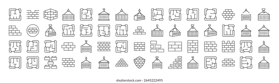 Parede De Tijolo, Planta De Chão, Conjunto De Ícones De Linha De Construção. Outline Signs para Gráficos e Web Design, Apps, Anúncios, Vários Cartões 