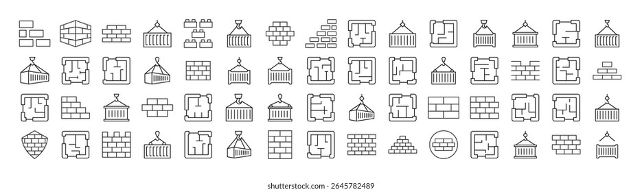 Parede De Tijolo, Planta De Piso, Conjunto De Ícones De Linha De Construção. Outline Signs para Gráficos e Web Design, Apps, Anúncios, Vários Cartões 