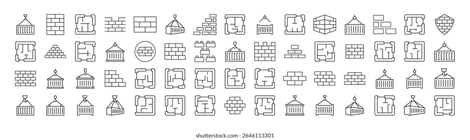 Parede De Tijolos, Planta De Chão, Conjunto De Ícones De Linha Fina De Construção. Outline Signs para Gráficos e Web Design, Apps, Anúncios, Vários Cartões 