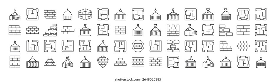 Parede de tijolo, planta, linha de construção ícone coleção. Outline Signs para Gráficos e Web Design, Apps, Anúncios, Vários Cartões 