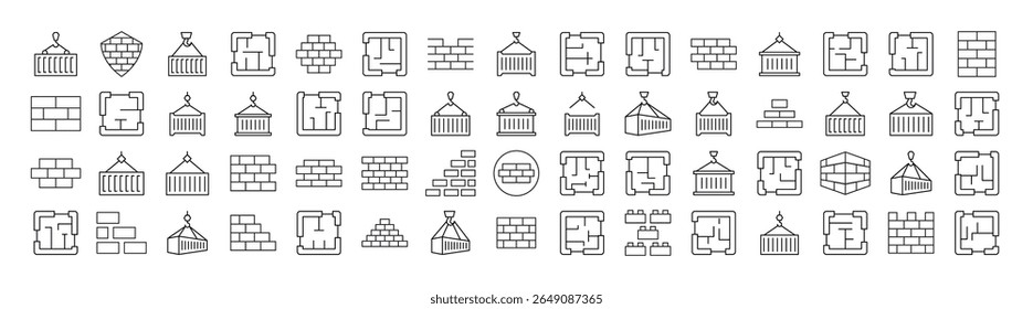 Parede De Tijolo, Planta De Chão, Linha De Construção Icon Pack. Outline Signs para Gráficos e Web Design, Apps, Anúncios, Vários Cartões 
