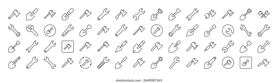 Parede de tijolo, planta, linha de construção ícone coleção. Outline Signs para Gráficos e Web Design, Apps, Anúncios, Vários Cartões