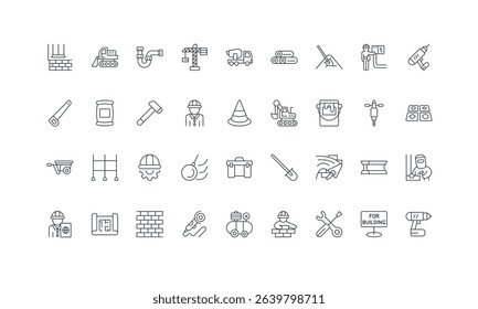 Brick wall and foundation, welding, demolition thin black symbols vector illustration. Construction site works, builders and engineer equipment, tools to build and repair house line icon set.