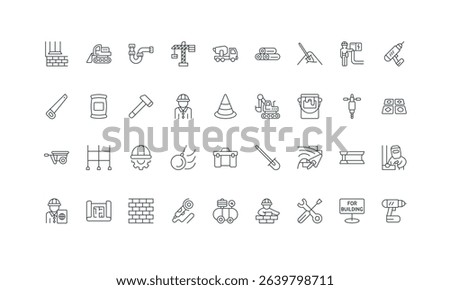 Brick wall and foundation, welding, demolition thin black symbols vector illustration. Construction site works, builders and engineer equipment, tools to build and repair house line icon set.
