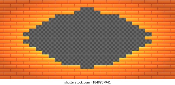 Brick wall frame with a place for text or copy space. Red brick wall background with hole. Vector brickwork isolated on transparent background. 