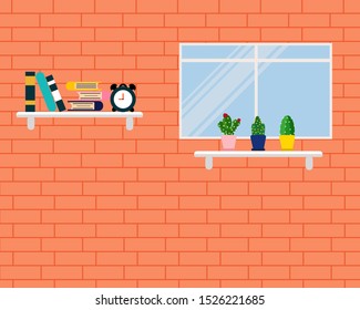 Brick wall, Glass window and shelf in the room.