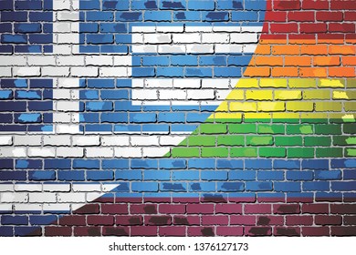 Brick Wall Greece and Rainbow flags - Illustration