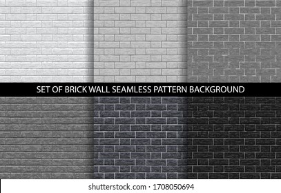 Brick wall grey seamless pattern set. Grayscale gradient brick background textures - gray, white, light, dark, black colors. Set of seamless brick gray wall texture. Vector pattern illustration.