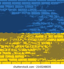 Backsteinwand, brüchiger Hintergrund mit Flaggenfarben der Ukraine