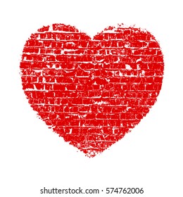 Brick wall heart isolated on a white background. Urban grunge holiday love symbol. Valentine disress sign. EPS10 vector.