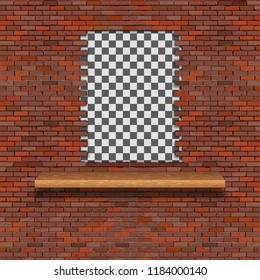 A brick wall with a hole break and a wooden shelf. There is an empty space for placing your text or image.