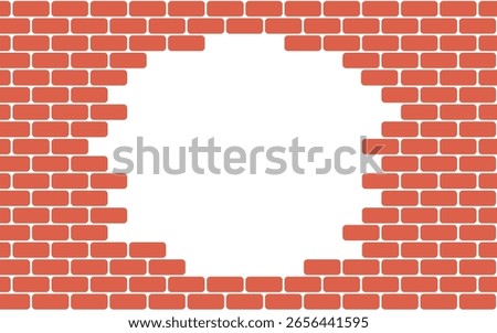 Brick wall hole. Broken red brick wall. Old building texture. Crack stone background. Graphic blocks frame. Vintage abstract vector illustration.