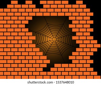 Brick wall with a hole and a cobweb. Mystical illustration.
